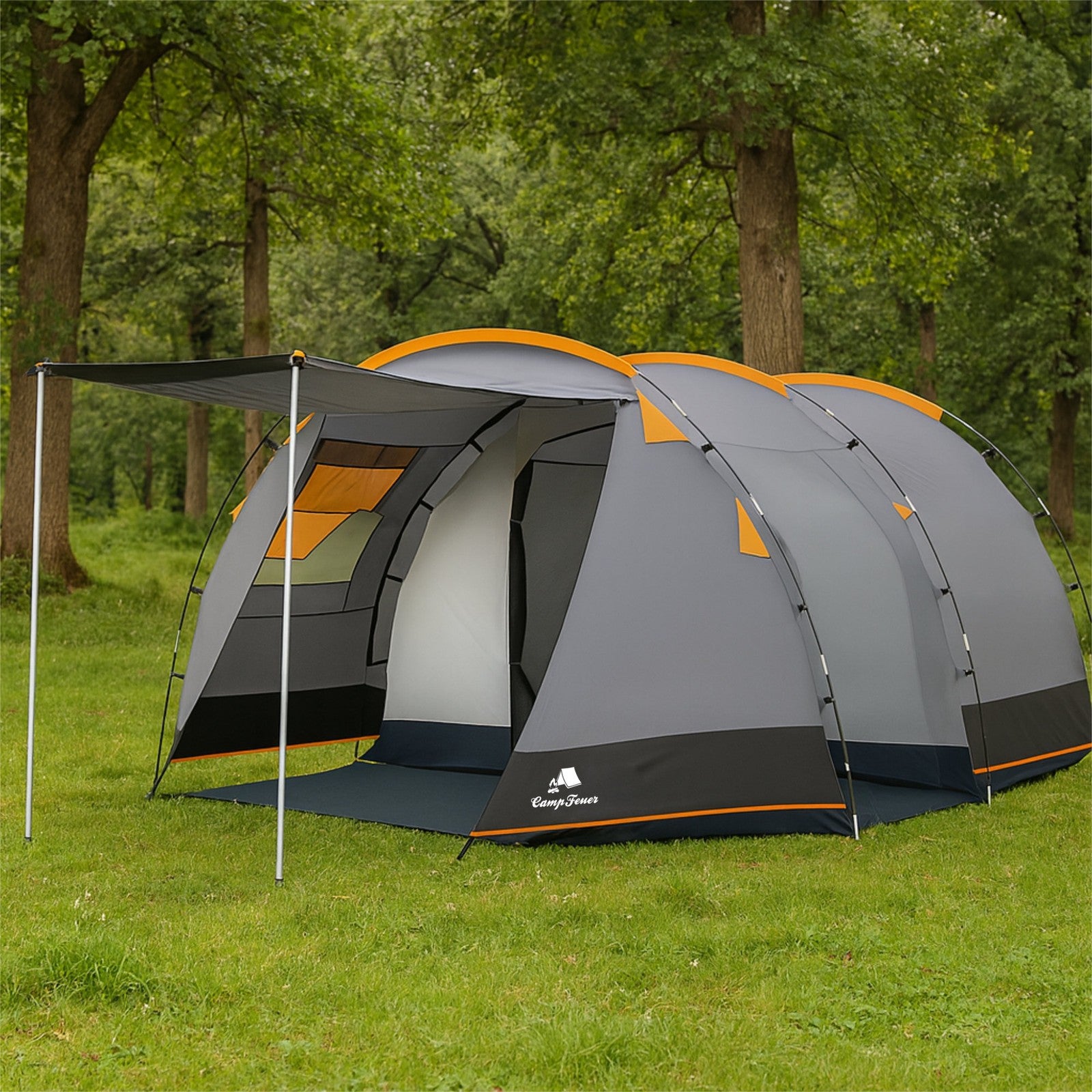 Zeltcampingwelt CampFeuer Tunnelzelt 4 Personen – 3000 mm Wassersäule – Familienzelt Campingzelt Grau/Schwarz (1018)