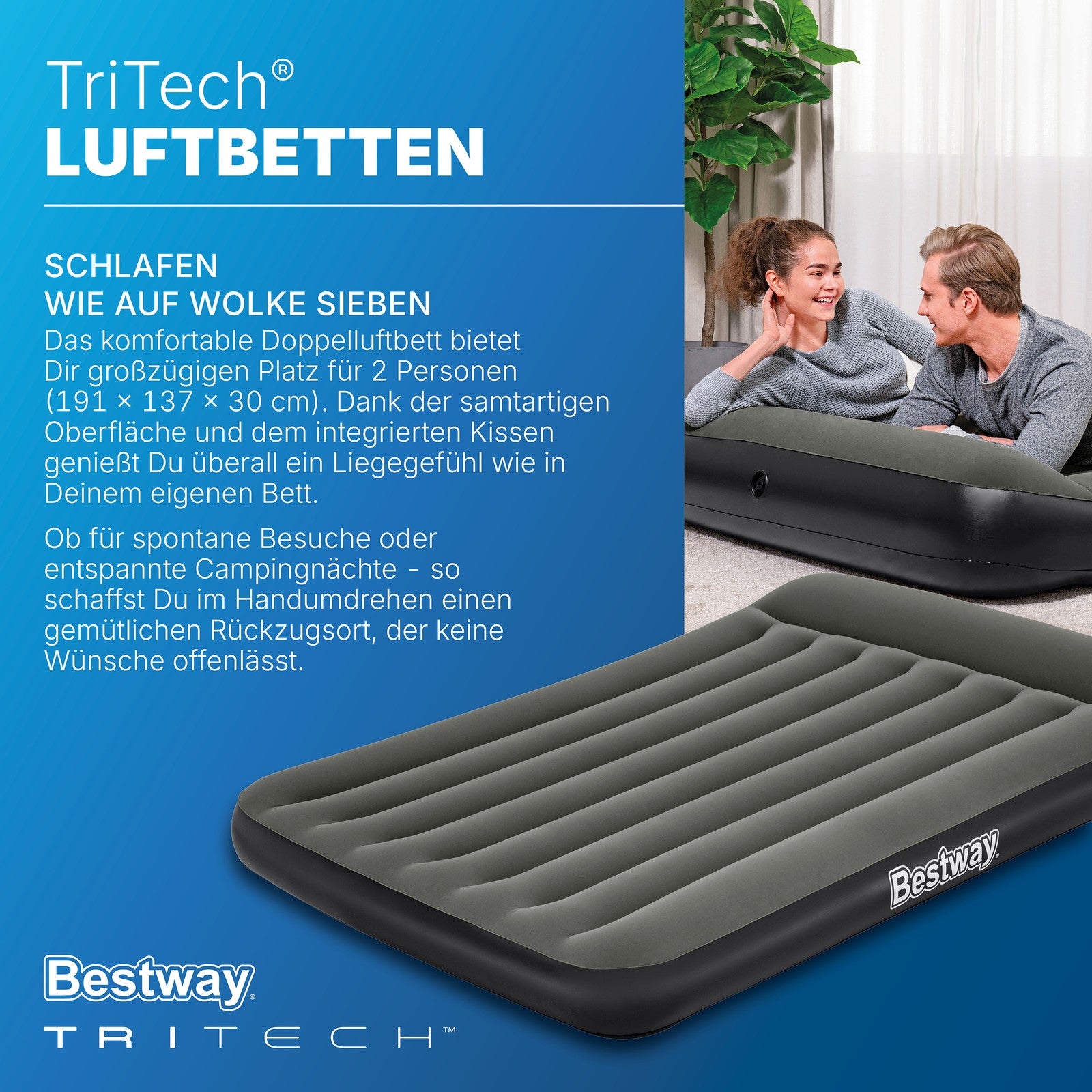Zeltcampingwelt Doppelluftbett 2 Personen – 191 x 137 x 30 cm – Aufblasbare Luftmatratze & Campingbett
