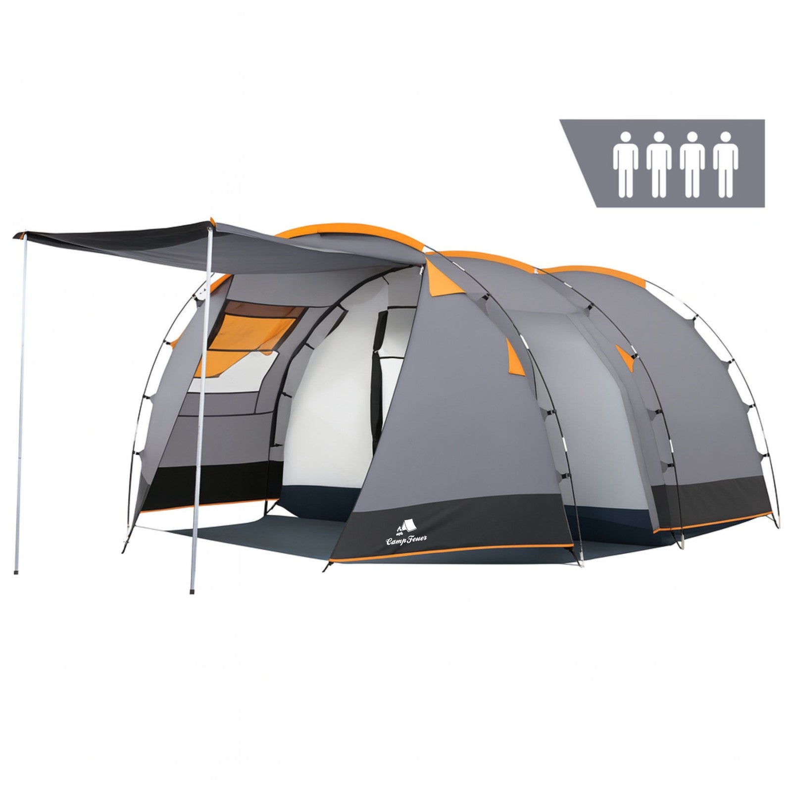 Zeltcampingwelt CampFeuer Tunnelzelt 4 Personen – 3000 mm Wassersäule – Familienzelt Campingzelt Grau/Schwarz (1018)