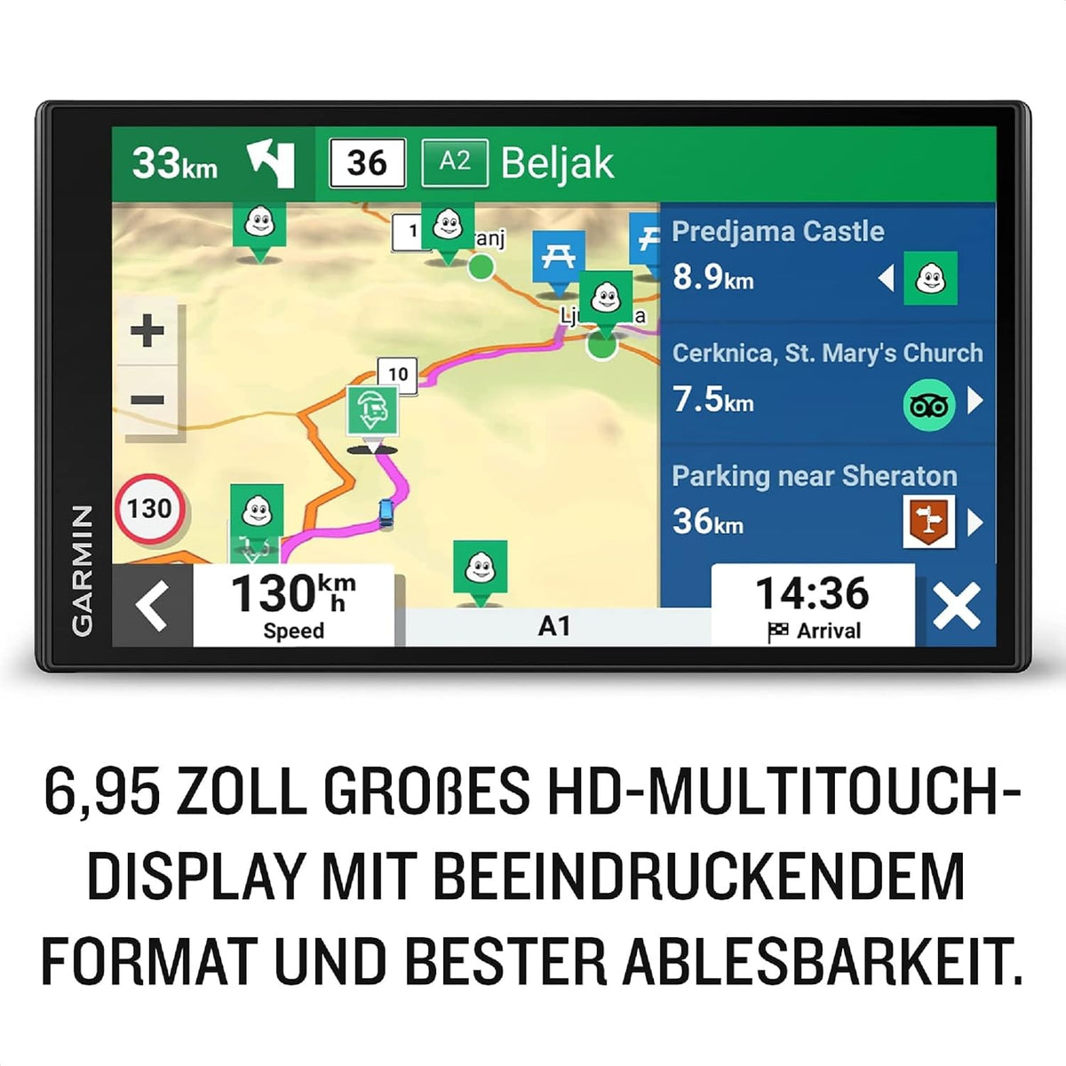 Garmin Campervan Navigationsgerät – 6,95 Zoll HD Display, 3D-Europa-Karten, Campingplatz-Datenbank