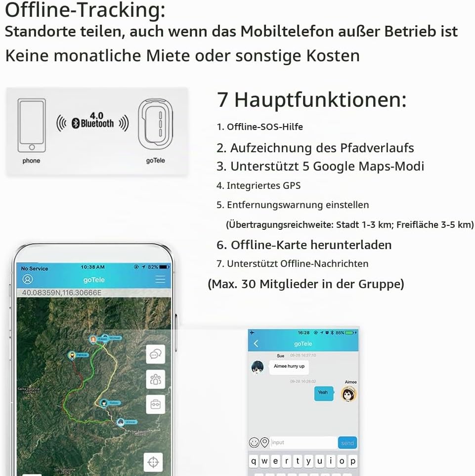 goTele Echtzeit-GPS-Tracker – Offline-Ortung ohne Mobilfunknetz, Keine Abogebühr, Outdoor & SOS